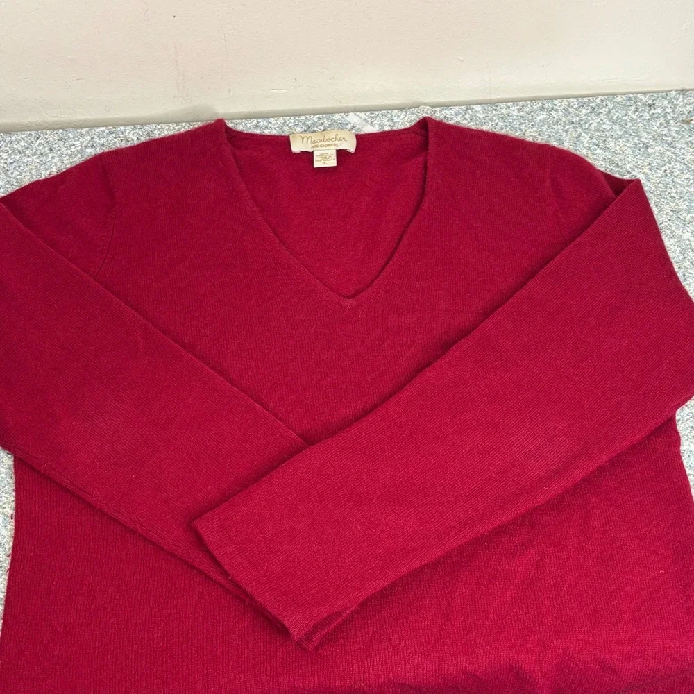 Mainbocher Sweater Womens L Red 100% Cashmere V-Neck Long Sleeve Knit Pullover